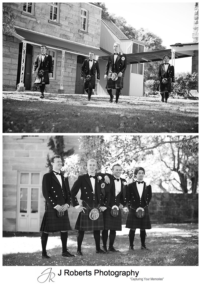 Groom and grooms men in kilts at Holy Name of Mary Church Hunters Hill - sydney wedding photographer 
